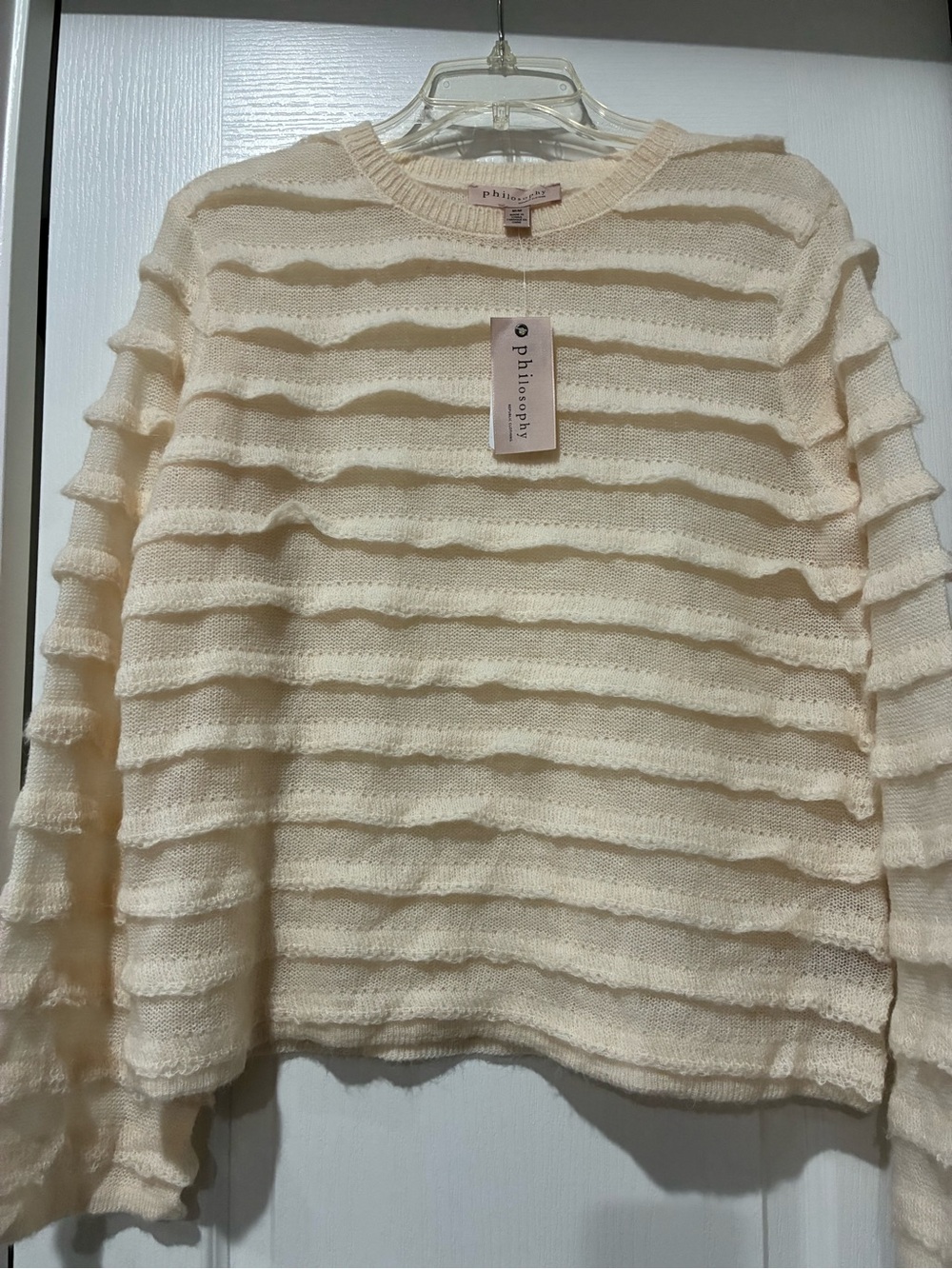 Philosophy Cream Ruffled Stripe Crew Neck Sweater